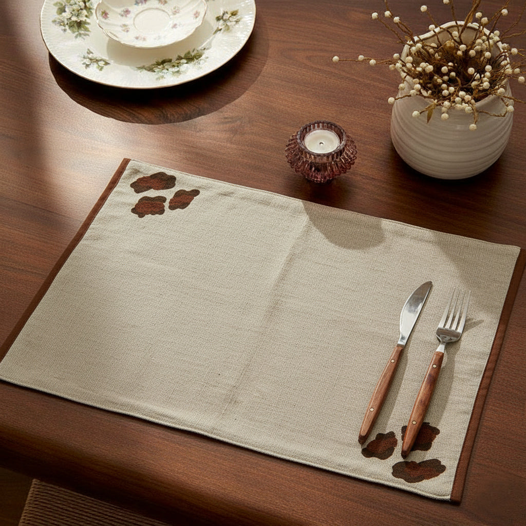 Natural beige placemat with dark brown paw embroidery and contrast trim